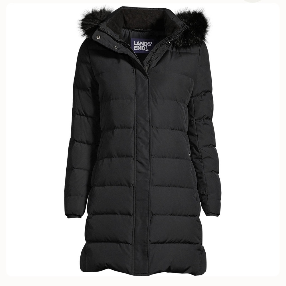 Lands’ End Women’s 600 Down Winter Long Coat with Hood, size XL Faux Fur